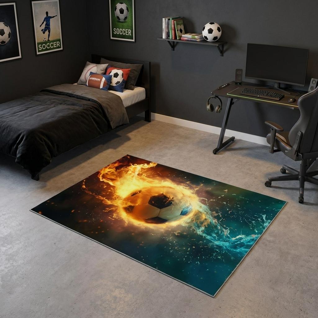 4 X 6 Blue Red And Black Flaming Soccer Washable Area Rug