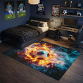 5 X 7 Black Orange And Blue Flaming Soccer Washable Area Rug With UV Protection