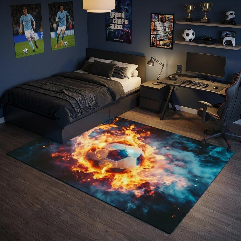5 X 7 Black Orange And Blue Flaming Soccer Washable Area Rug With UV Protection