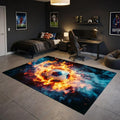 6 X 9 Black Orange And Blue Flaming Soccer Washable Area Rug With UV Protection