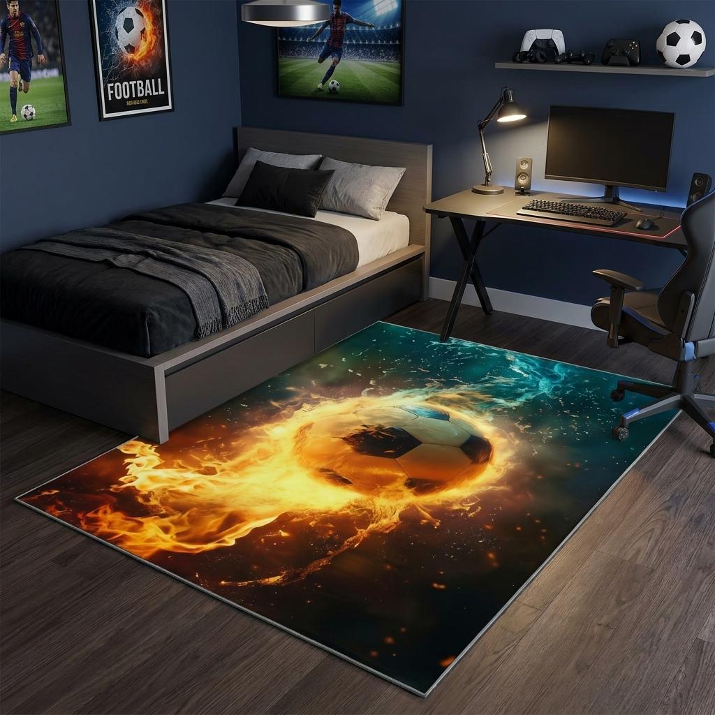 5 X 7 Blue Red And Black Flaming Soccer Washable Area Rug
