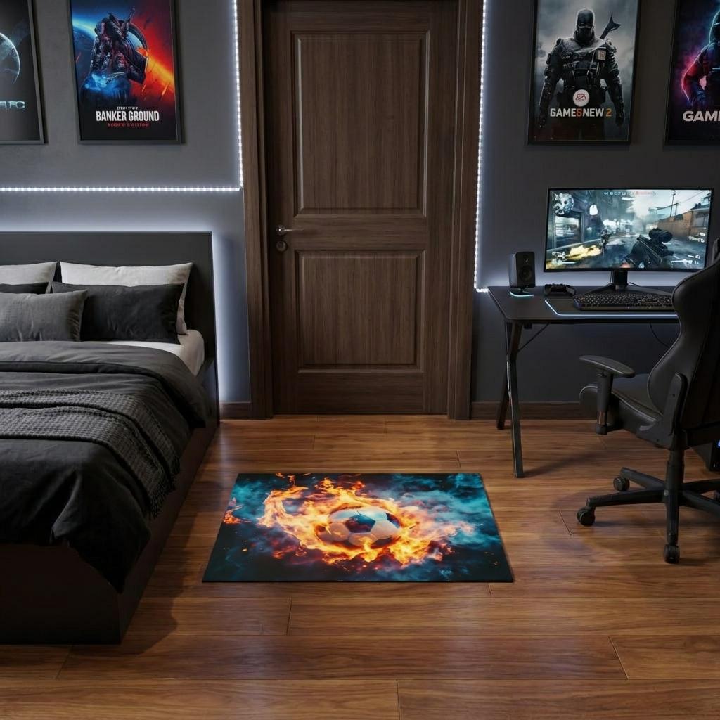 1 X 2 Black Orange And Blue Flaming Soccer Washable Area Rug With UV Protection