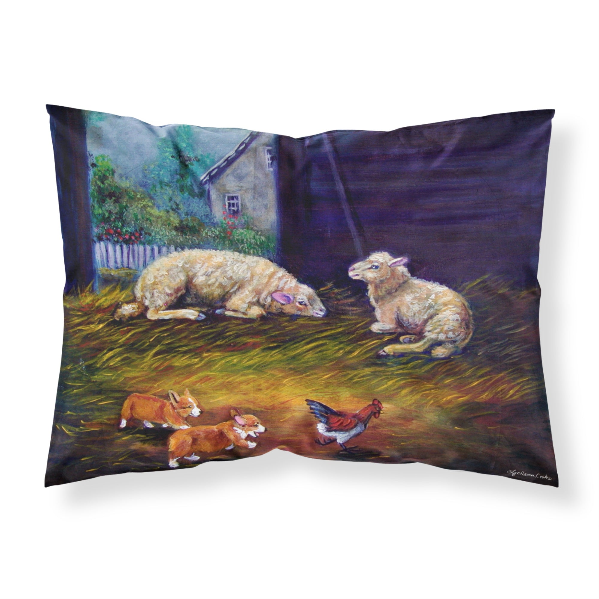 'Caroline'S Treasures 7322Pillowcase Corgi Chaos In The Barn With Sheep Fabric Standard Pillowcase, Large, Multicolor'