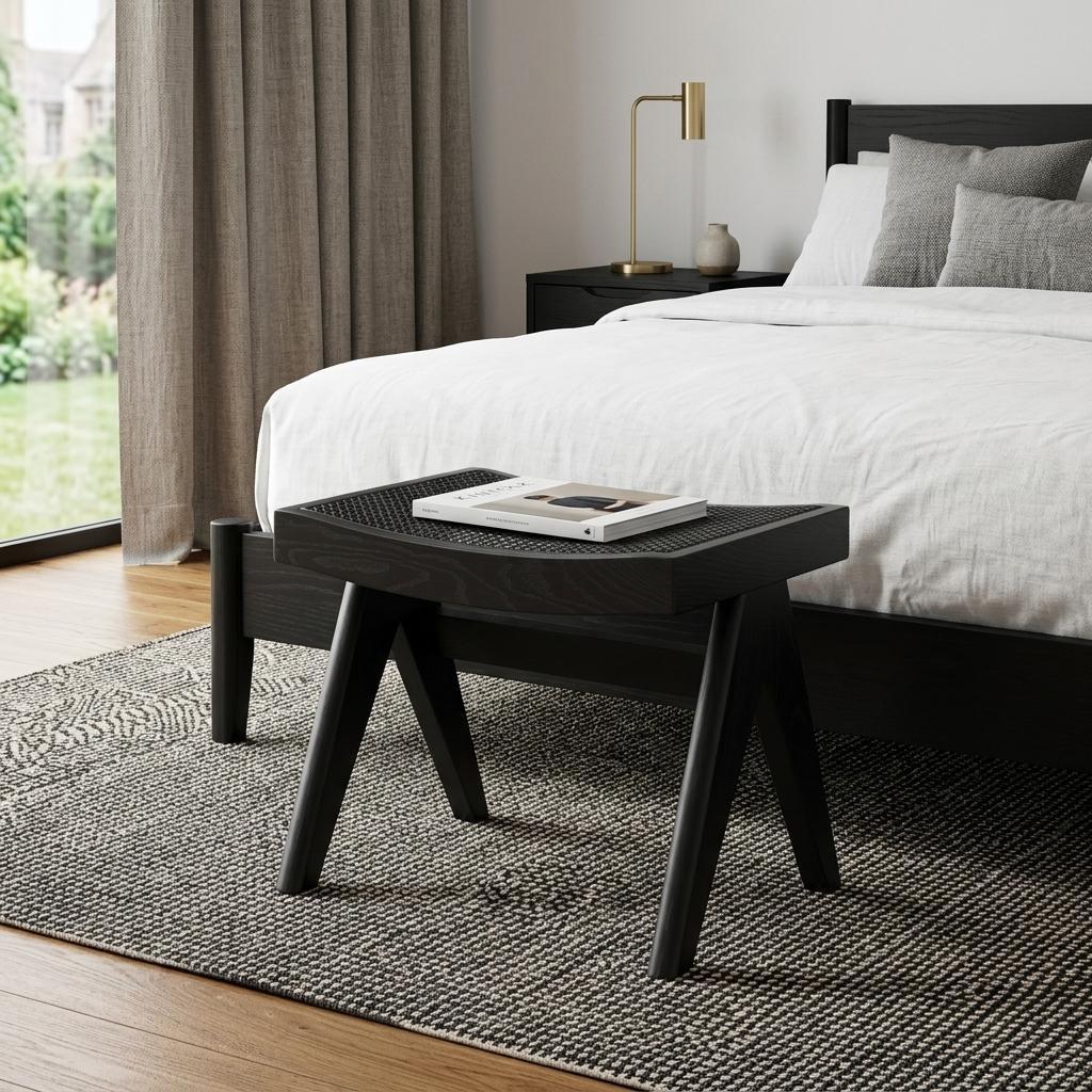 22 Inch Black Solid Wood and Cane Bench