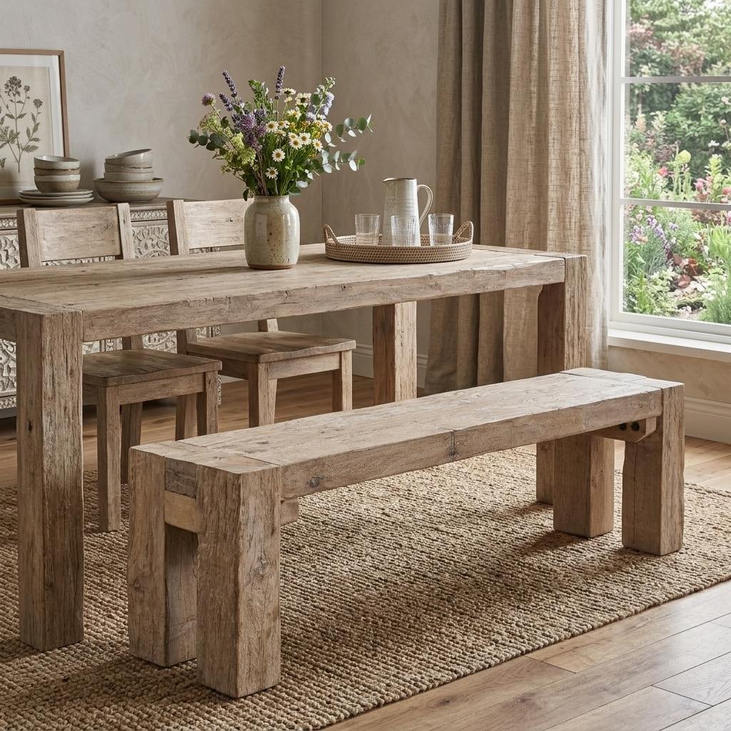 70 Inch Natural Wood Distressed Dining Bench