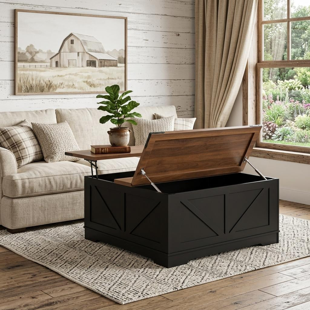 39 Inch Brown And Black Wood Lift Top Solid Trunk Coffee Table With Two Shelves