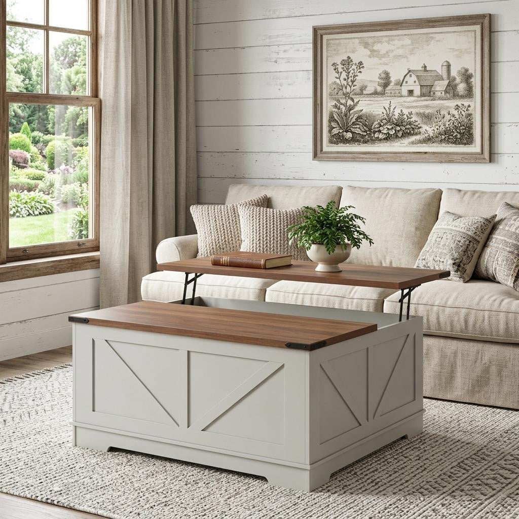 39 Inch Brown and White Wood Lift Top Solid Trunk Coffee Table With Two Shelves