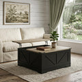 39 Inch Light Brown and Black Wood Lift Top Solid Trunk Coffee Table With Two Shelves