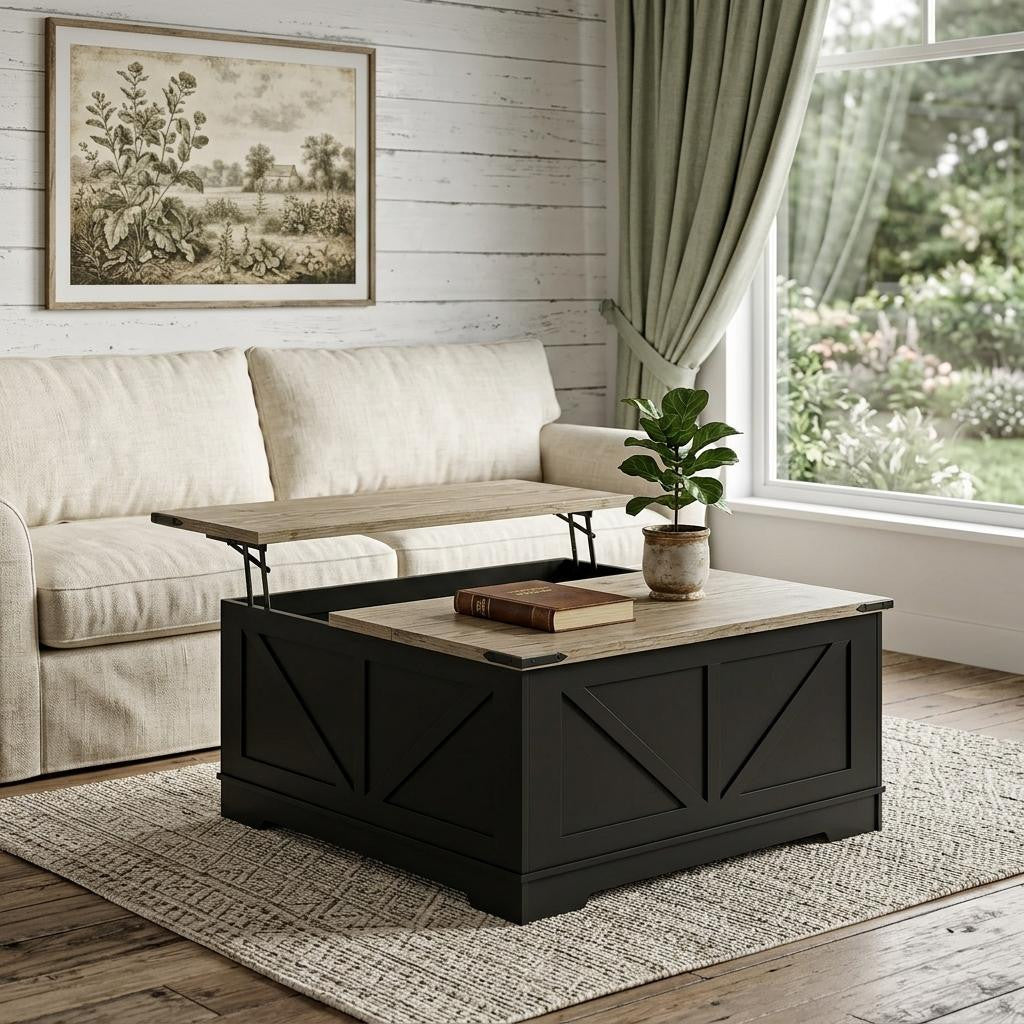 39 Inch Light Brown and Black Wood Lift Top Solid Trunk Coffee Table With Two Shelves