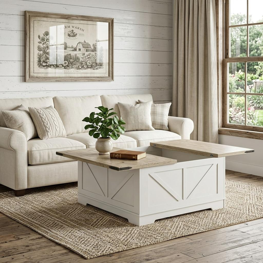 39 Inch Ash Gray and White Wood Lift Top Solid Trunk Coffee Table With Two Shelves