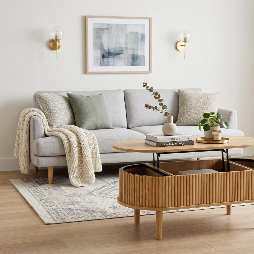 39 Inch Natural Wood Oval Lift Top Solid Drum Coffee Table With Three Shelves