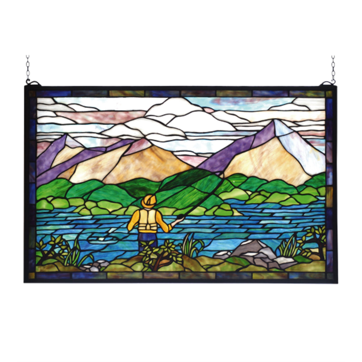 30 Inch W X 19 Inch H Fly Fishing Stained Glass Window