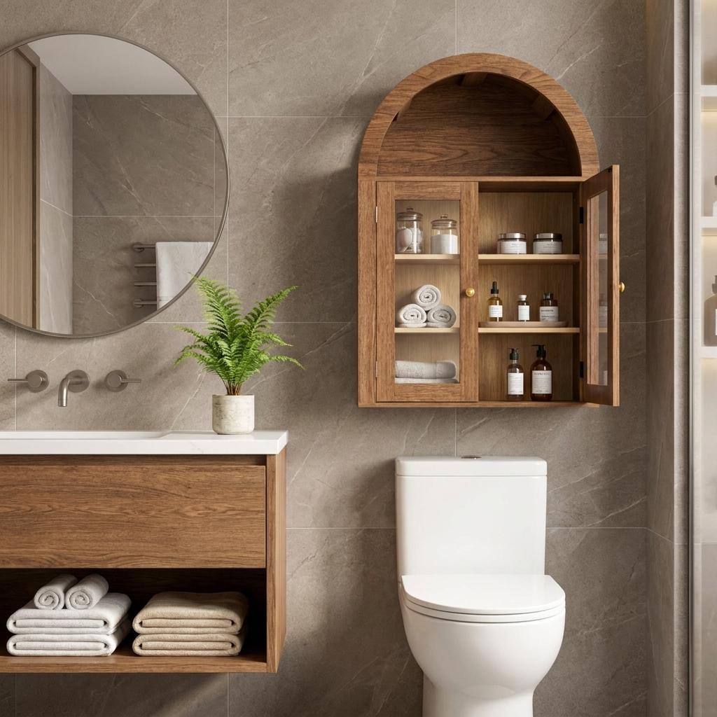 32 Inch Brown Wood Wall Mounted Glass Panel Inlay Four Door Bathroom Cabinet