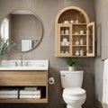 32 Inch Natural Wood Wall Mounted Glass Panel Inlay Four Door Bathroom Cabinet