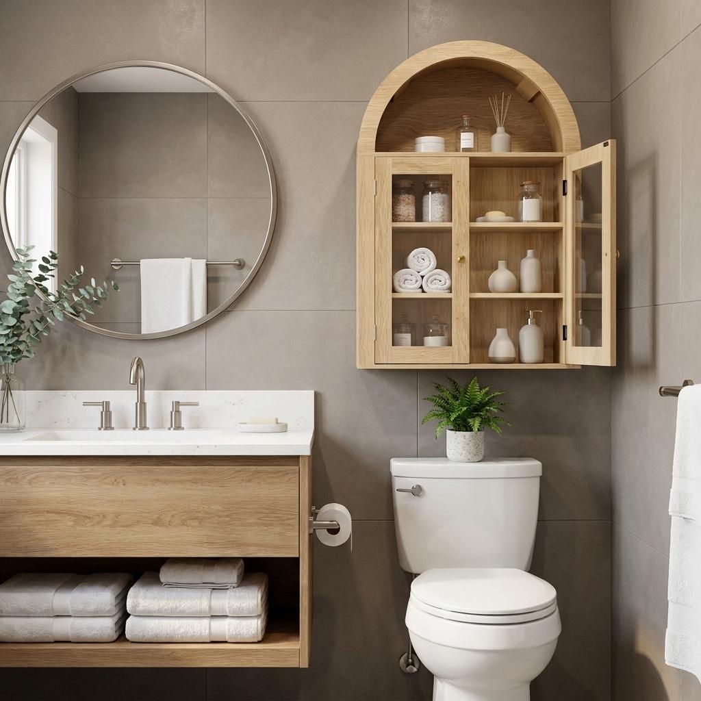 32 Inch Natural Wood Wall Mounted Glass Panel Inlay Four Door Bathroom Cabinet