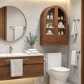 34 Inch Brown Wood Wall Mounted Glass Panel Inlay Four Door Bathroom Cabinet
