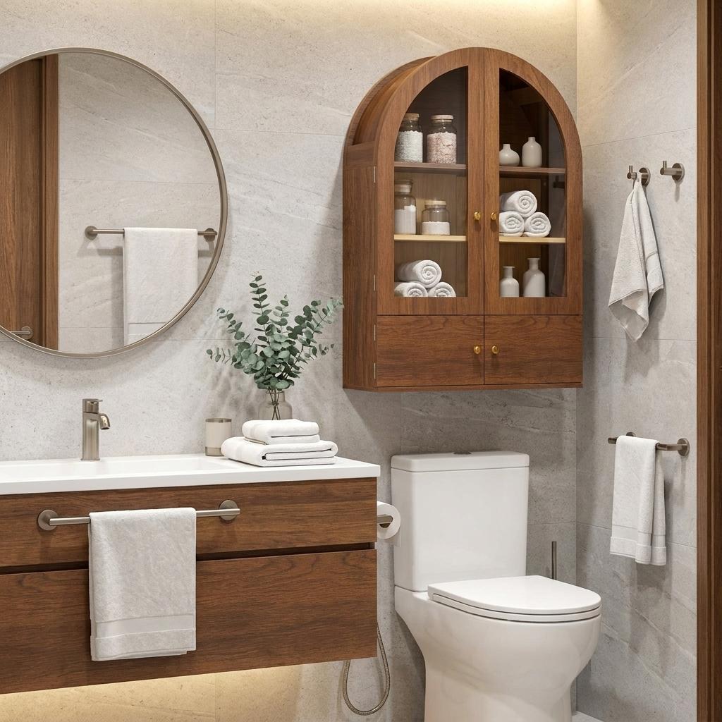 34 Inch Brown Wood Wall Mounted Glass Panel Inlay Four Door Bathroom Cabinet