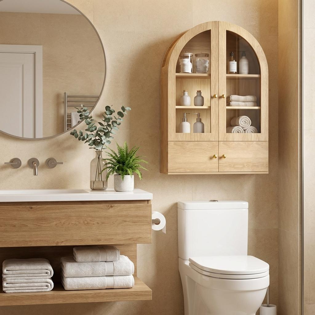 34 Inch Natural Wood Wall Mount Arched Glass Panel Inlay Four Door Bathroom Cabinet