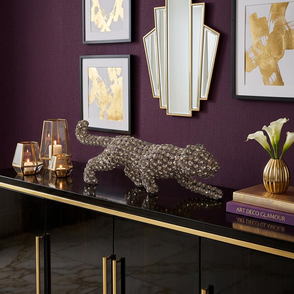 23 Silver And Clear Iron And Faux Crystal Panther Tabletop Sculpture