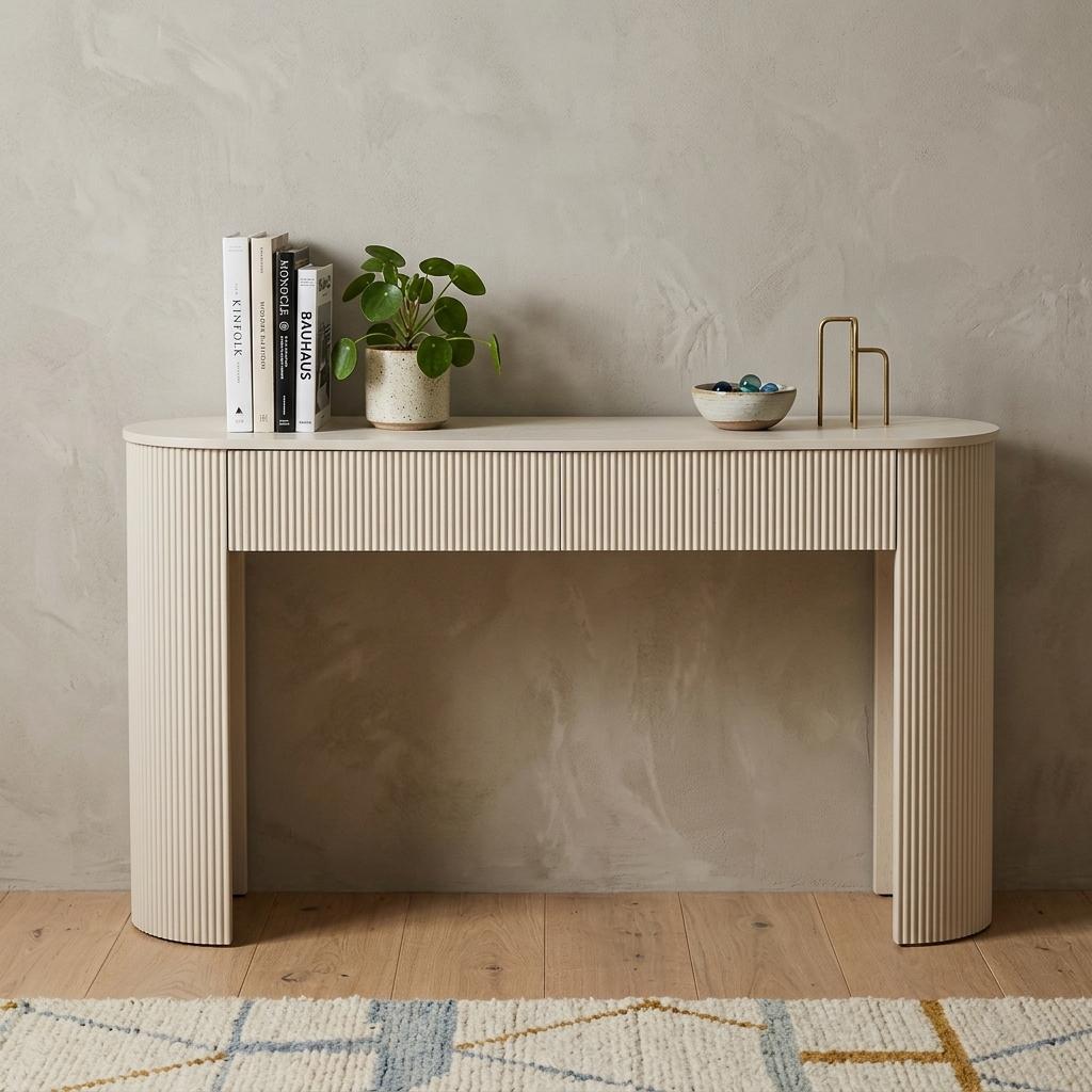 54 Inch Off White Wood Ribbed Texture Double Pedestal Oval Console Table With Two Drawers
