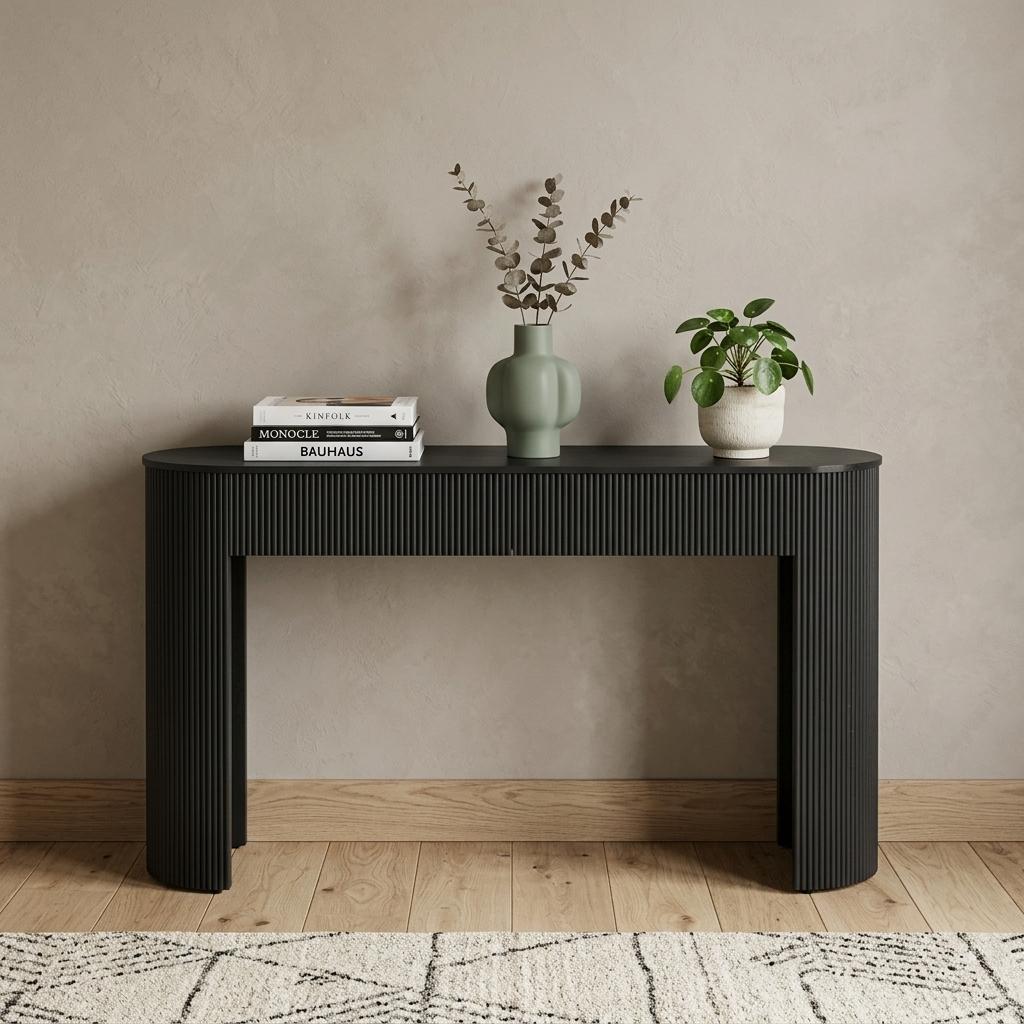 54 Inch Black Wood Ribbed Texture Double Pedestal Oval Console Table With Two Drawers