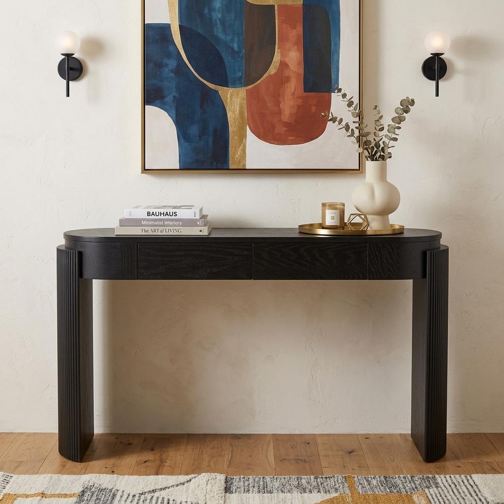 55 Inch Black Wood Oval Double Pedestal Console Table With Two Drawers