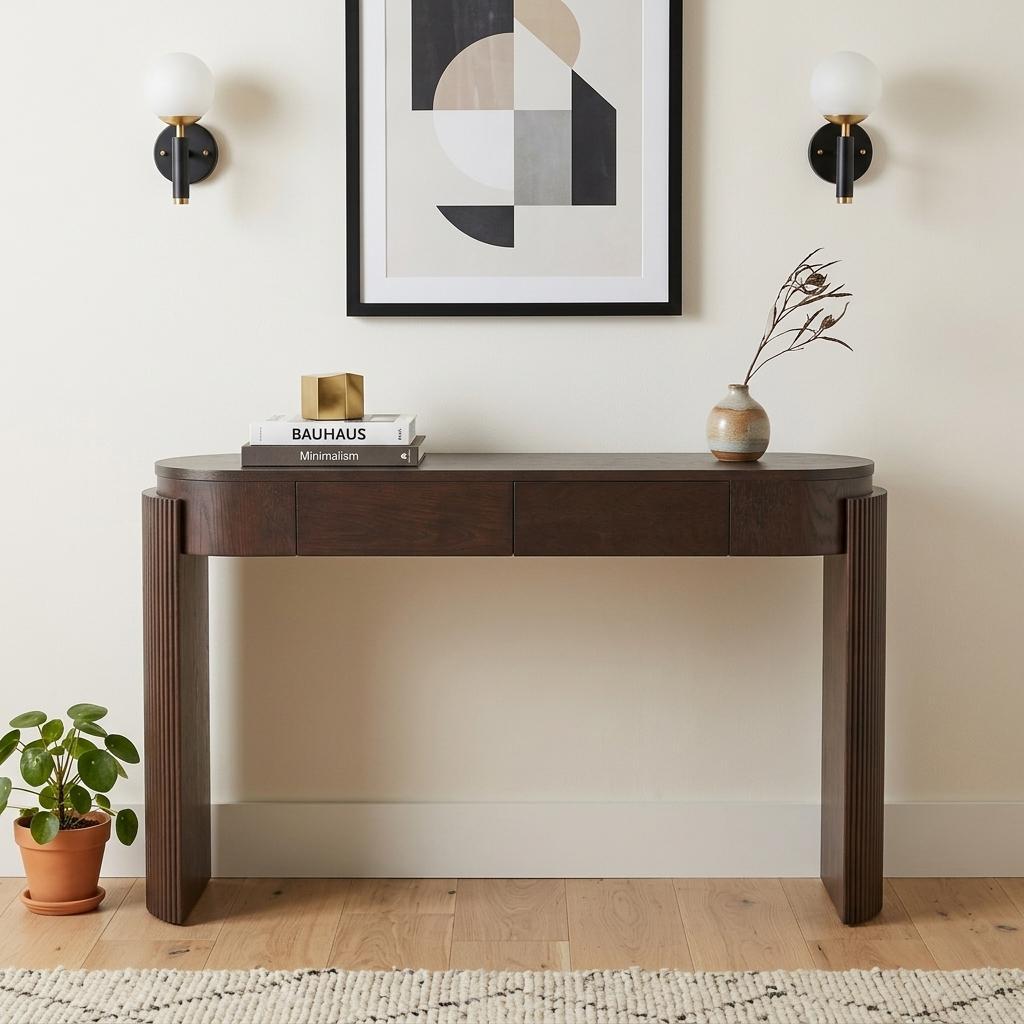 55 Inch Espresso Wood Distressed Oval Double Pedestal Console Table With Two Drawers