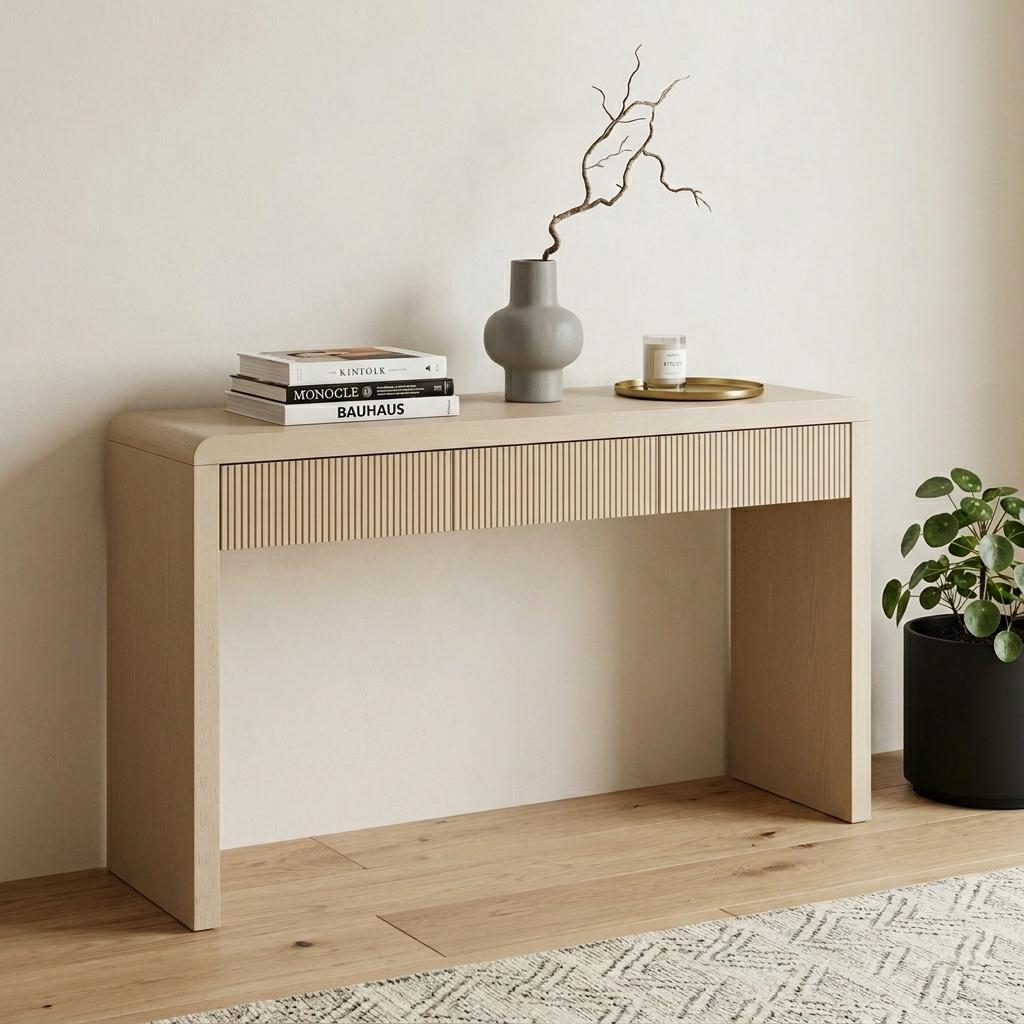 55 Inch Natural Wood Double Pedestal Console Table With Three Drawers