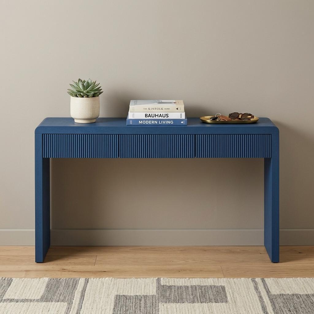 55 Inch Blue Wood Double Pedestal Console Table With Three Drawers