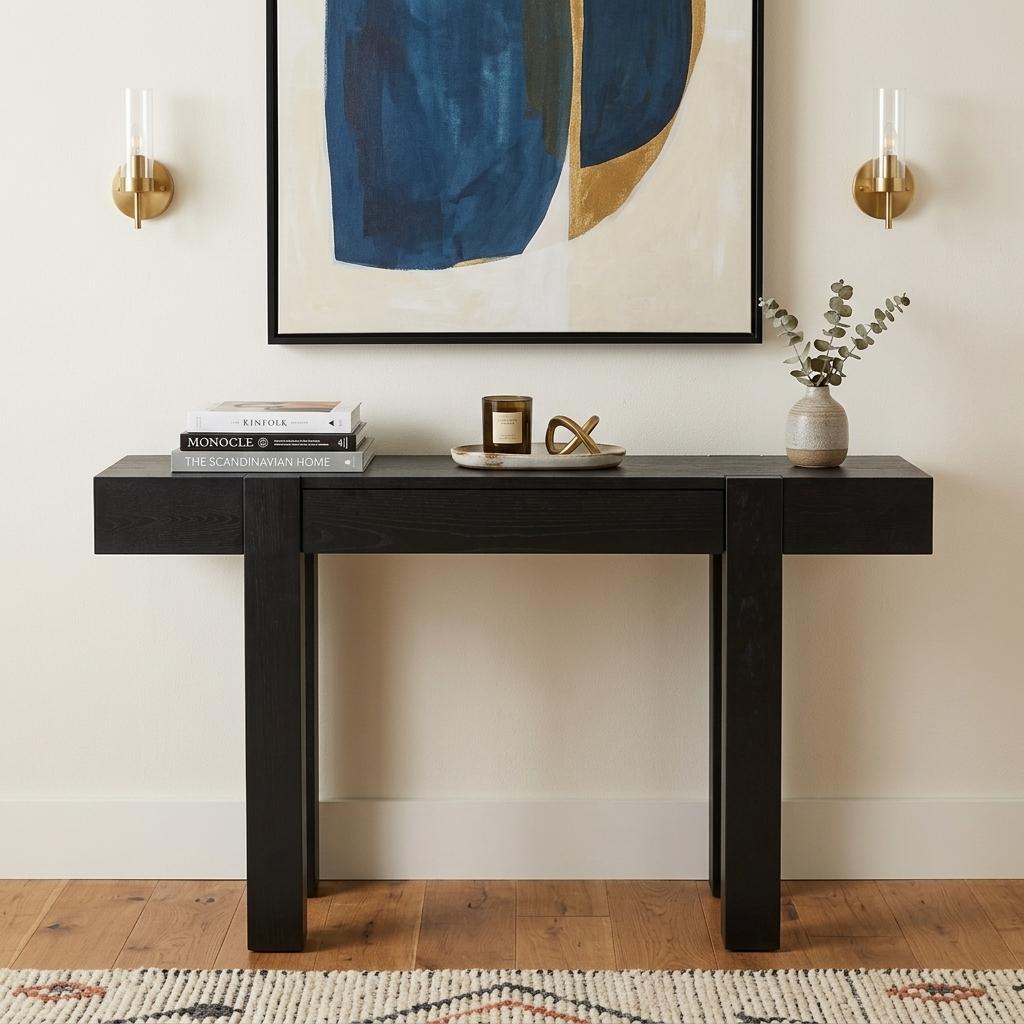 47 Inch Black Wood Console Table With USB And Drawer