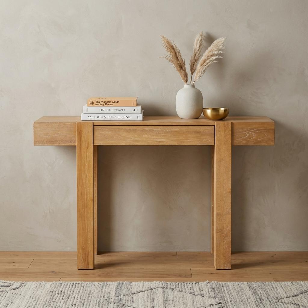 47 Inch Natural Wood Console Table With USB And Drawer