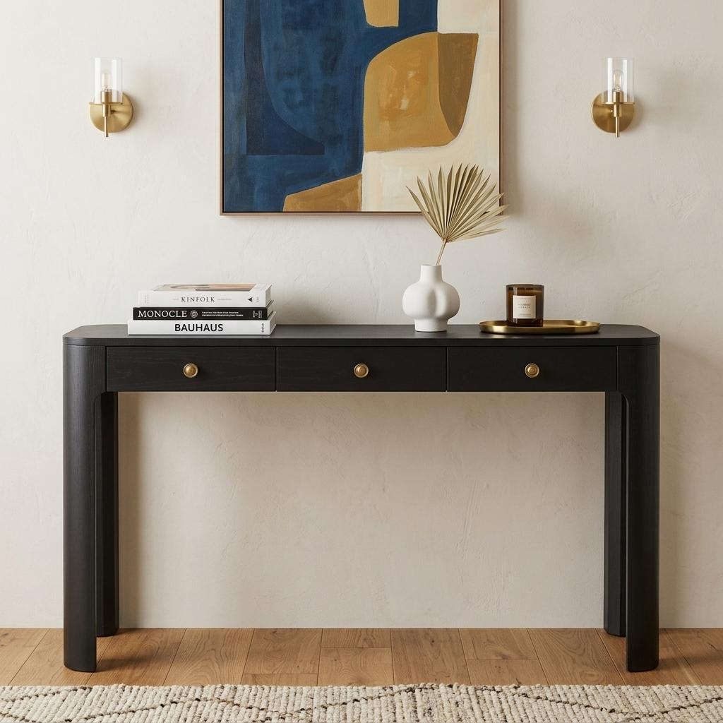 52 Inch Black Wood Console Table With Three Drawers