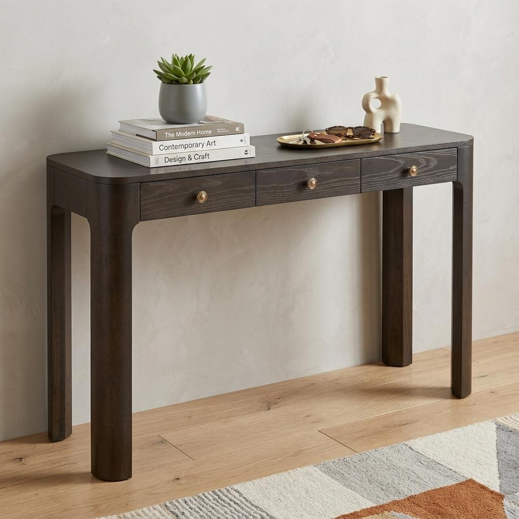 52 Inch Espresso Wood Console Table With Three Drawers