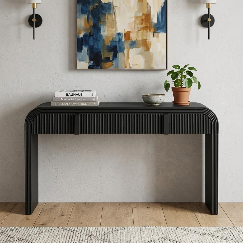 55 Inch Black Wood Round Double Pedestal Console Table With Two Drawers