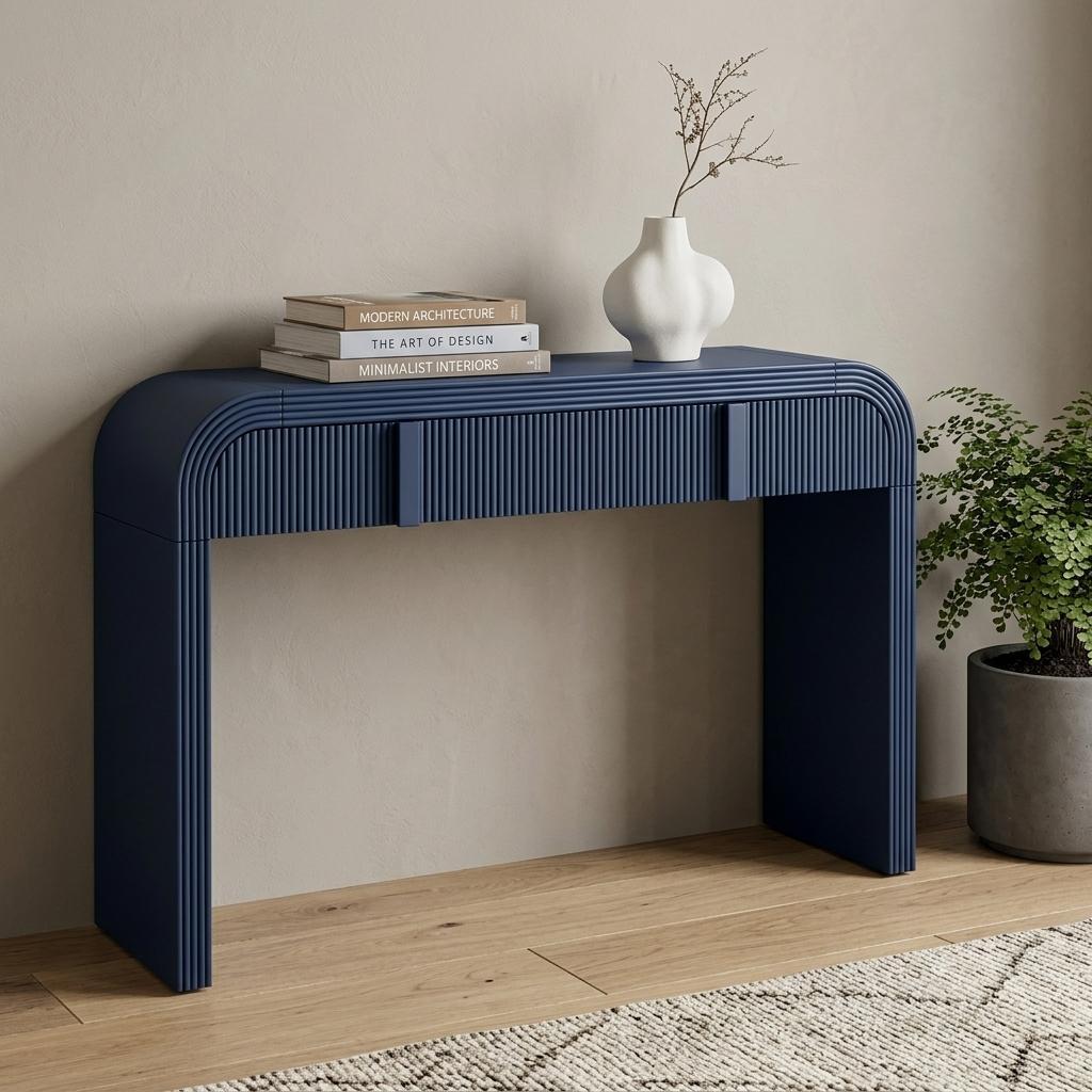 55 Inch Navy Blue Wood Round Double Pedestal Console Table With Two Drawers