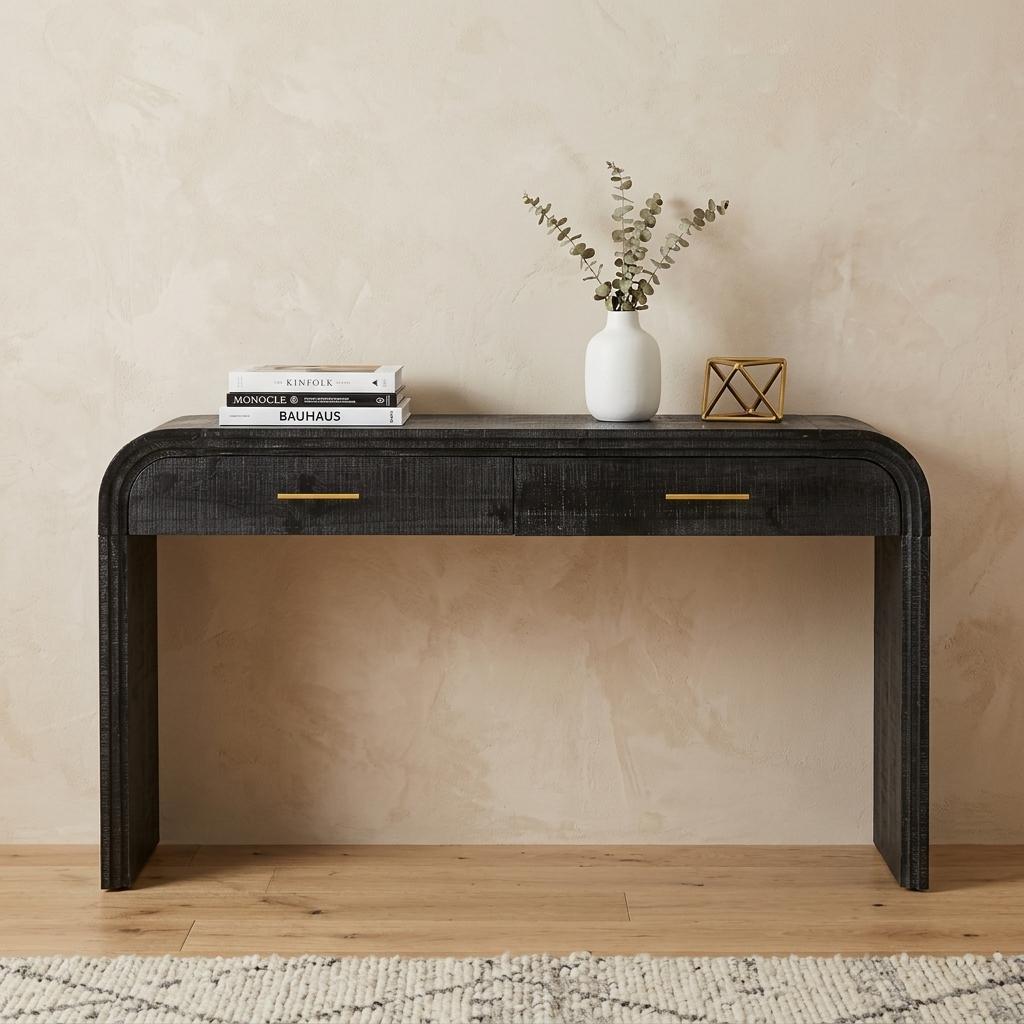 59 Inch Black Wood Distressed Double Pedestal Console Table With Two Drawers