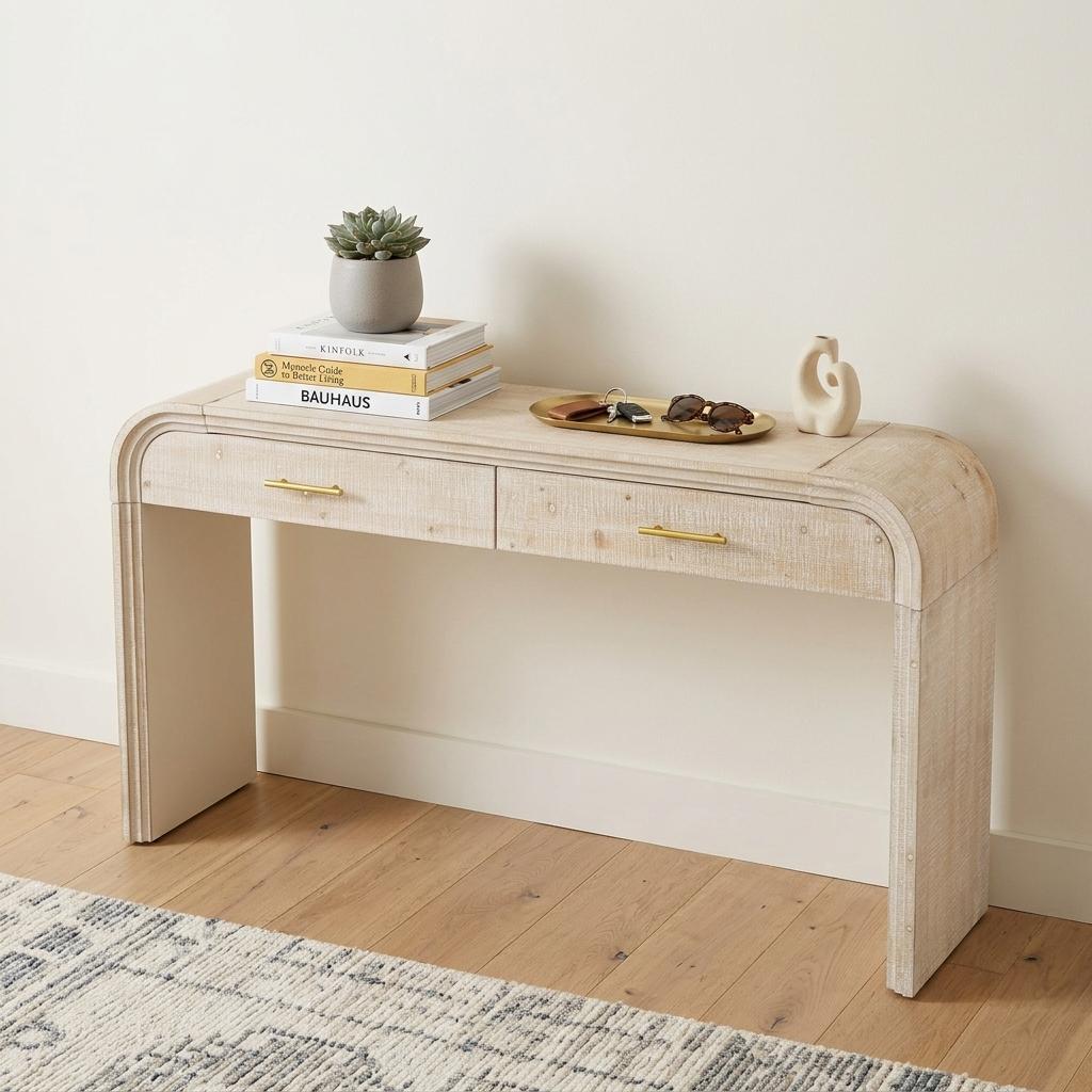 59 Inch Natural Wood Distressed Double Pedestal Console Table With Two Drawers