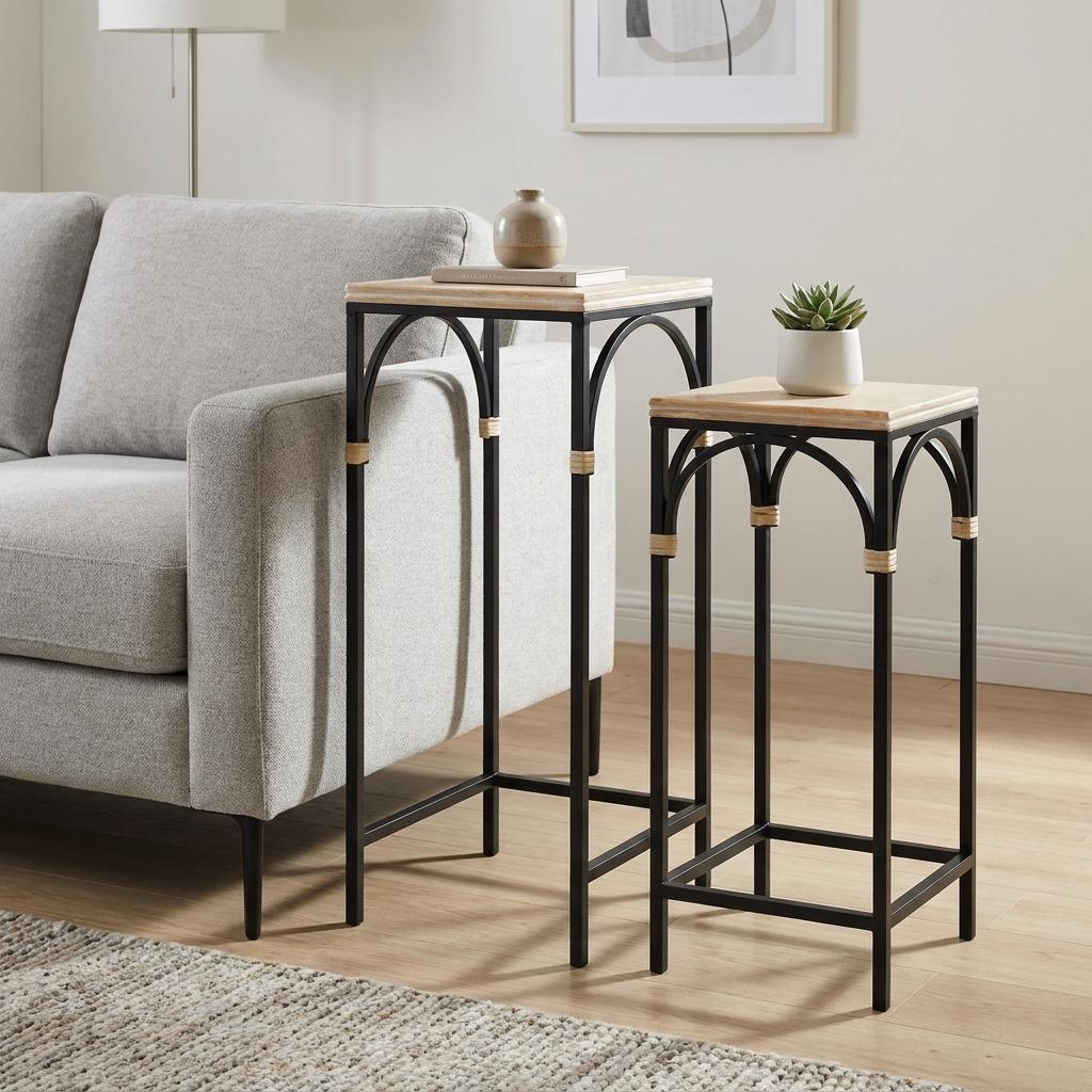 Set of Two Natural And Black Distressed Solid Wood And Steel Square Nested Tables