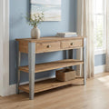 48 Inch Natural and Gray Wood Console Table With Two Shelves And Two Drawers