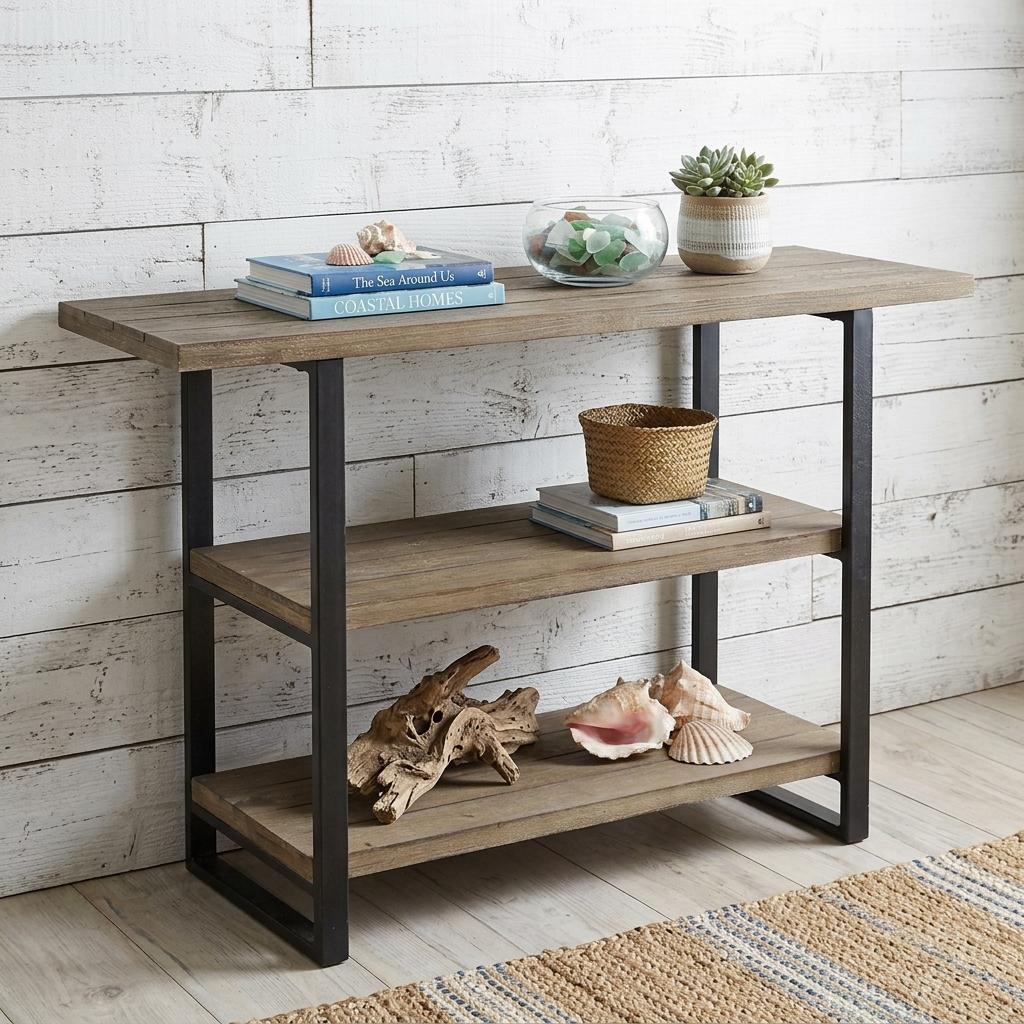 47 Inch Brown and Black Wood and Metal Distressed Console Table With Two Shelves