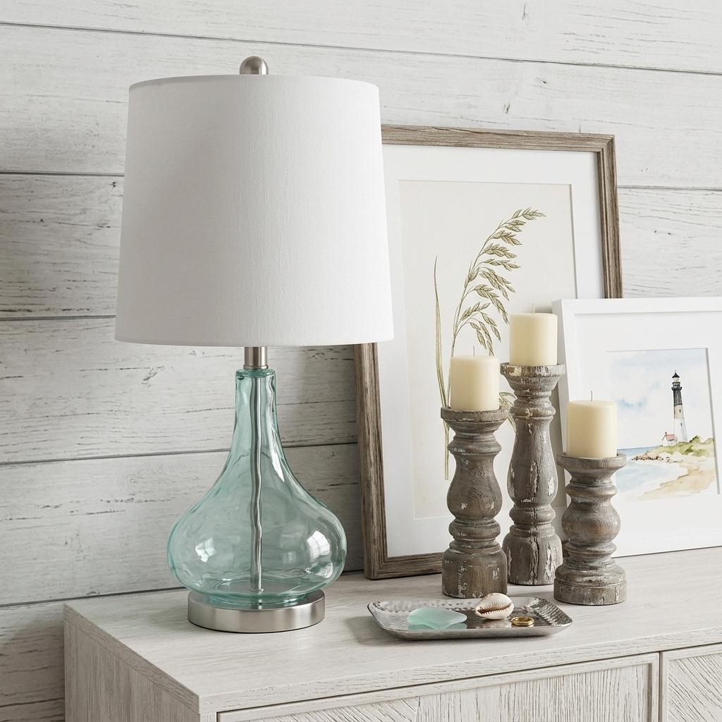 23 Teal Blue Translucent Glass Gourd Table Lamp With Drum Shade