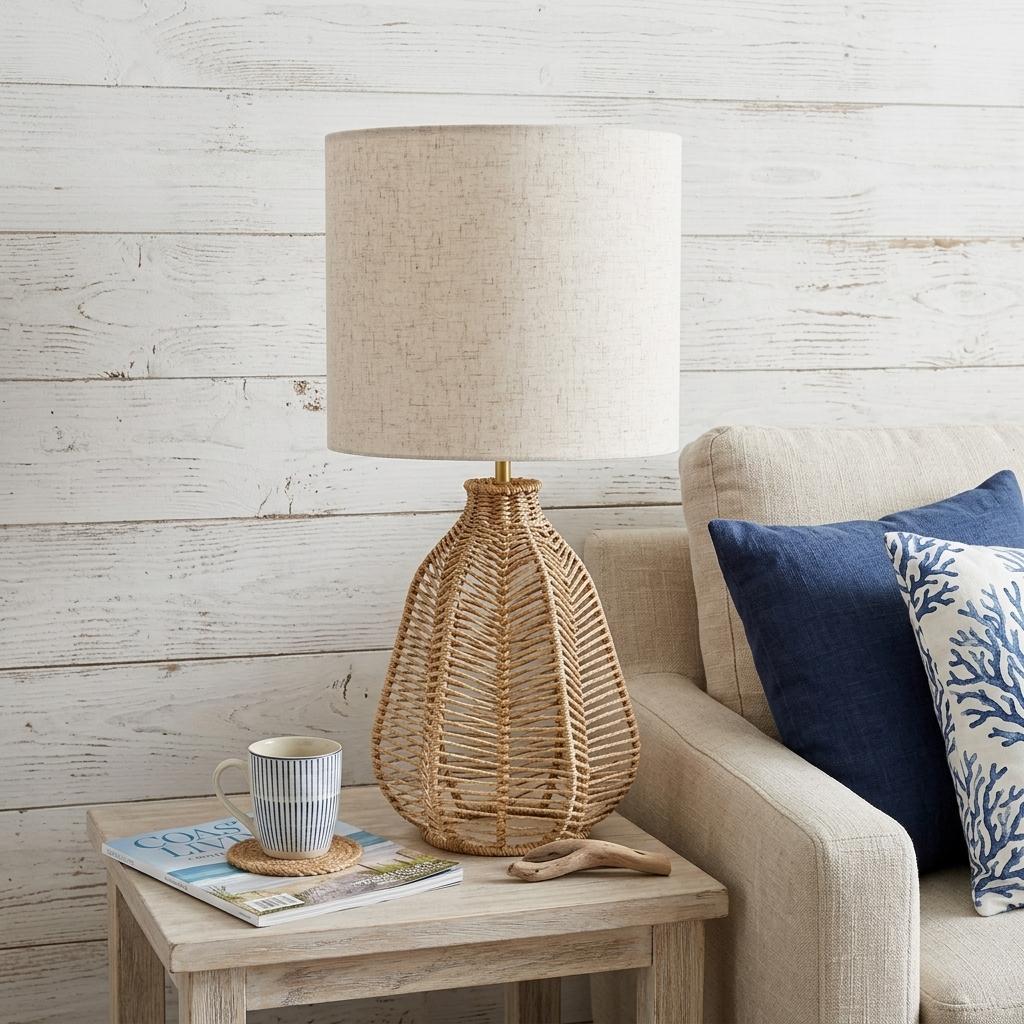21 Natural Rope Rattan Table Lamp With Drum Shade