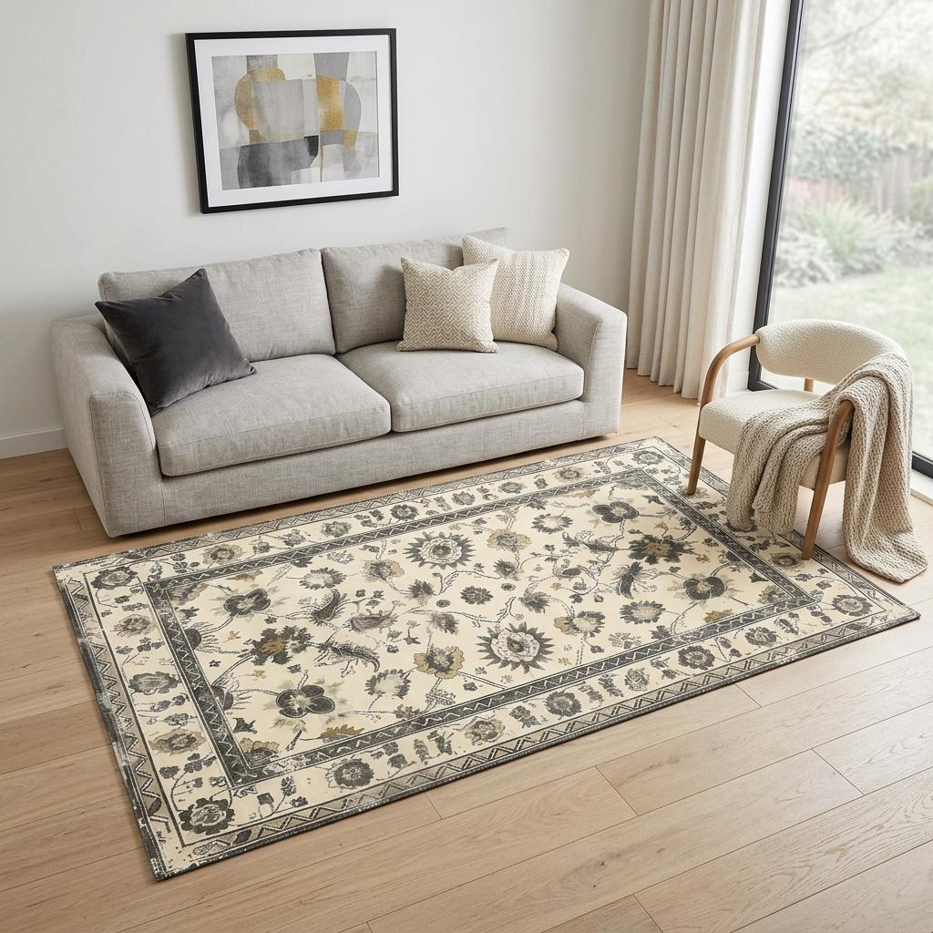 5 X 7 Gold Gray And Ivory Floral Distressed Washable Area Rug