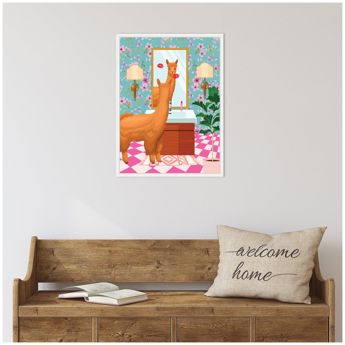 Sylvie Maximalist Llama Bathroom Mirror Framed Canvas by Honey Island Studio