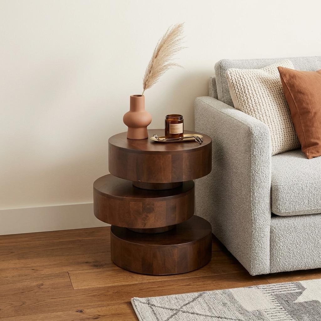 21 Inch Brown Solid Wood Round Drum End Table
