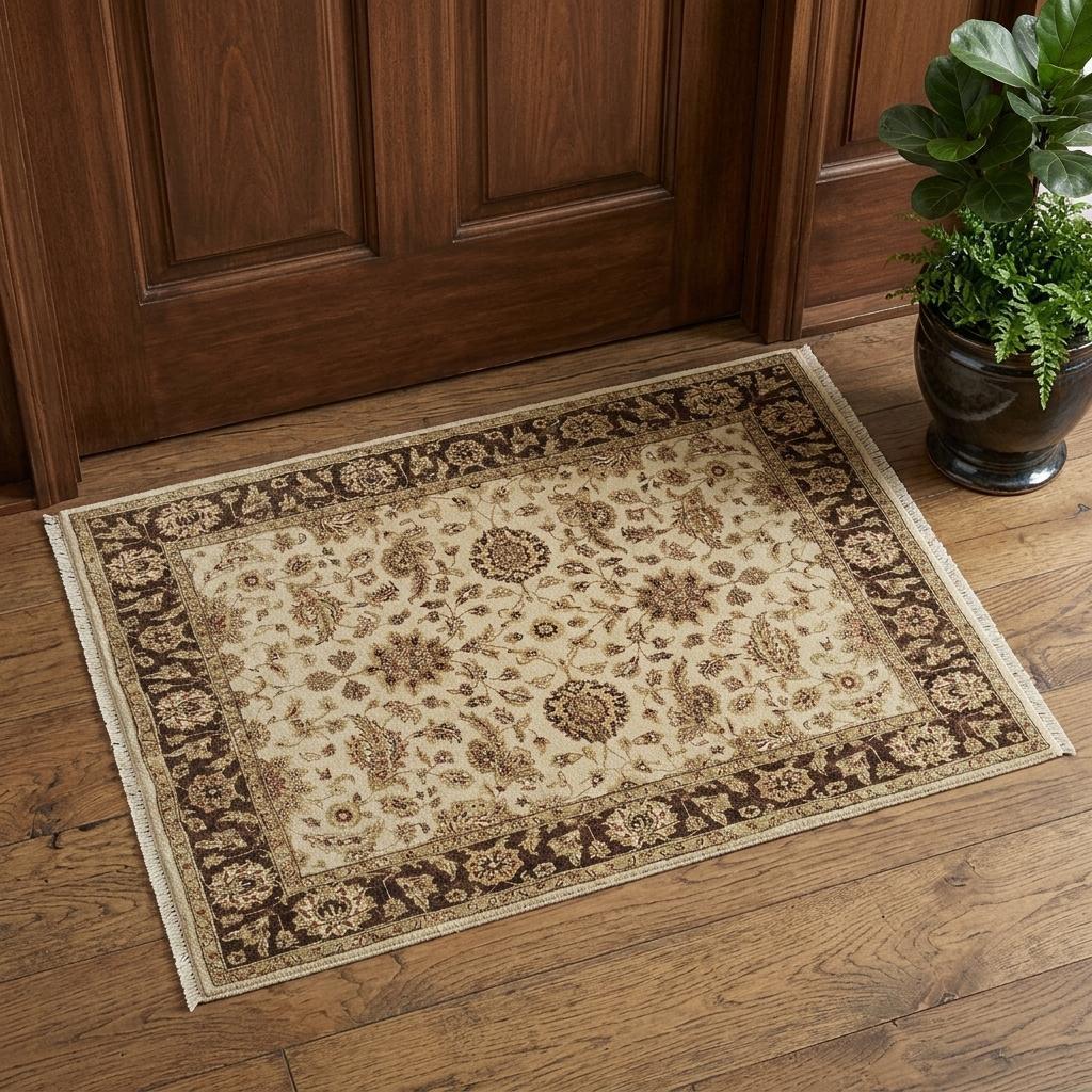 2 X 3 Ivory Gold And Brown Wool Oriental Hand Knotted Area Rug