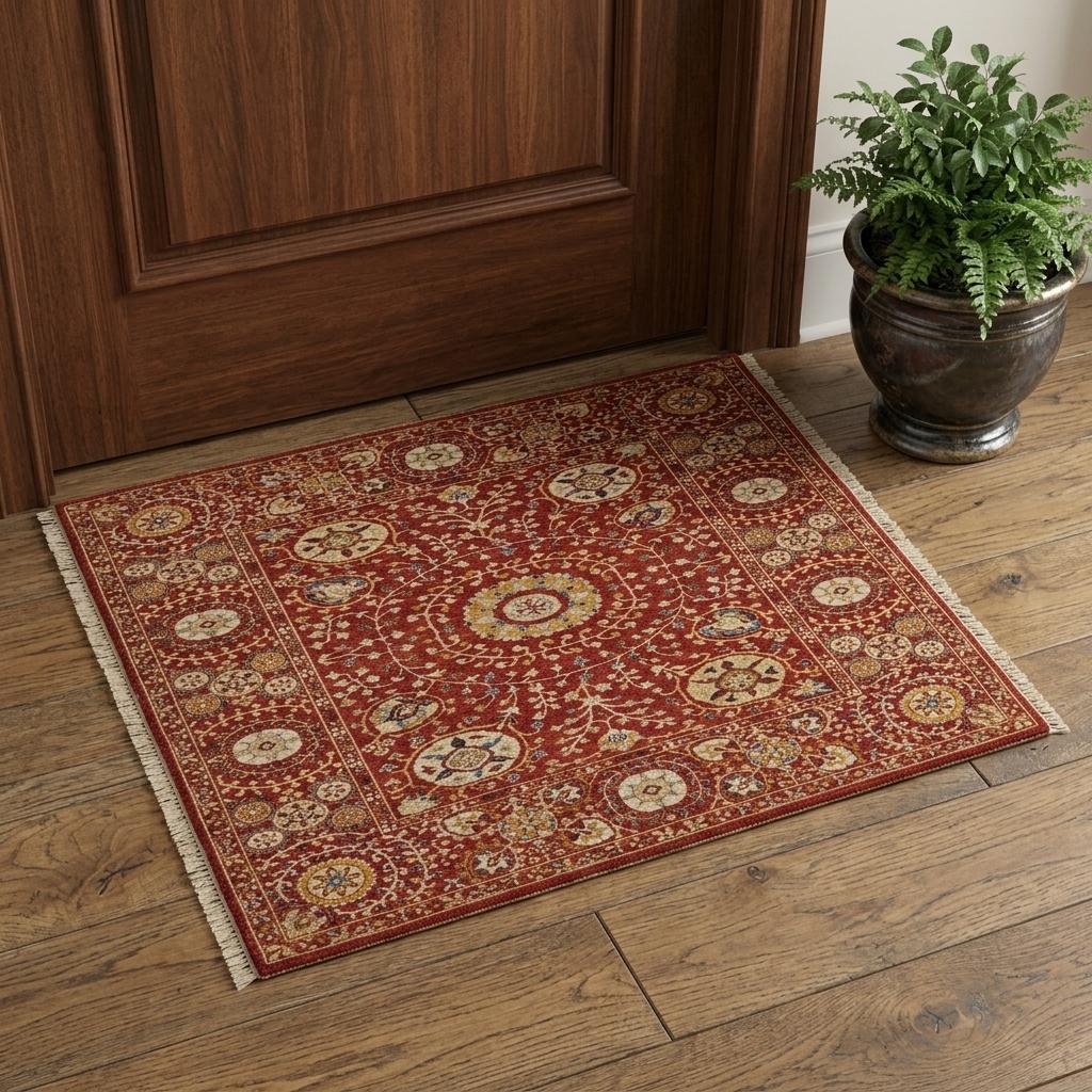 2 X 3 Red Gold And Ivory Wool Geometric Hand Knotted Area Rug