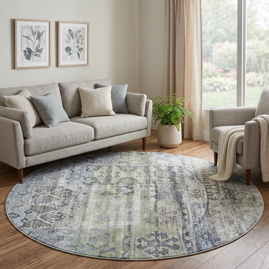 8 Green Blue And Gray Abstract Round Rug