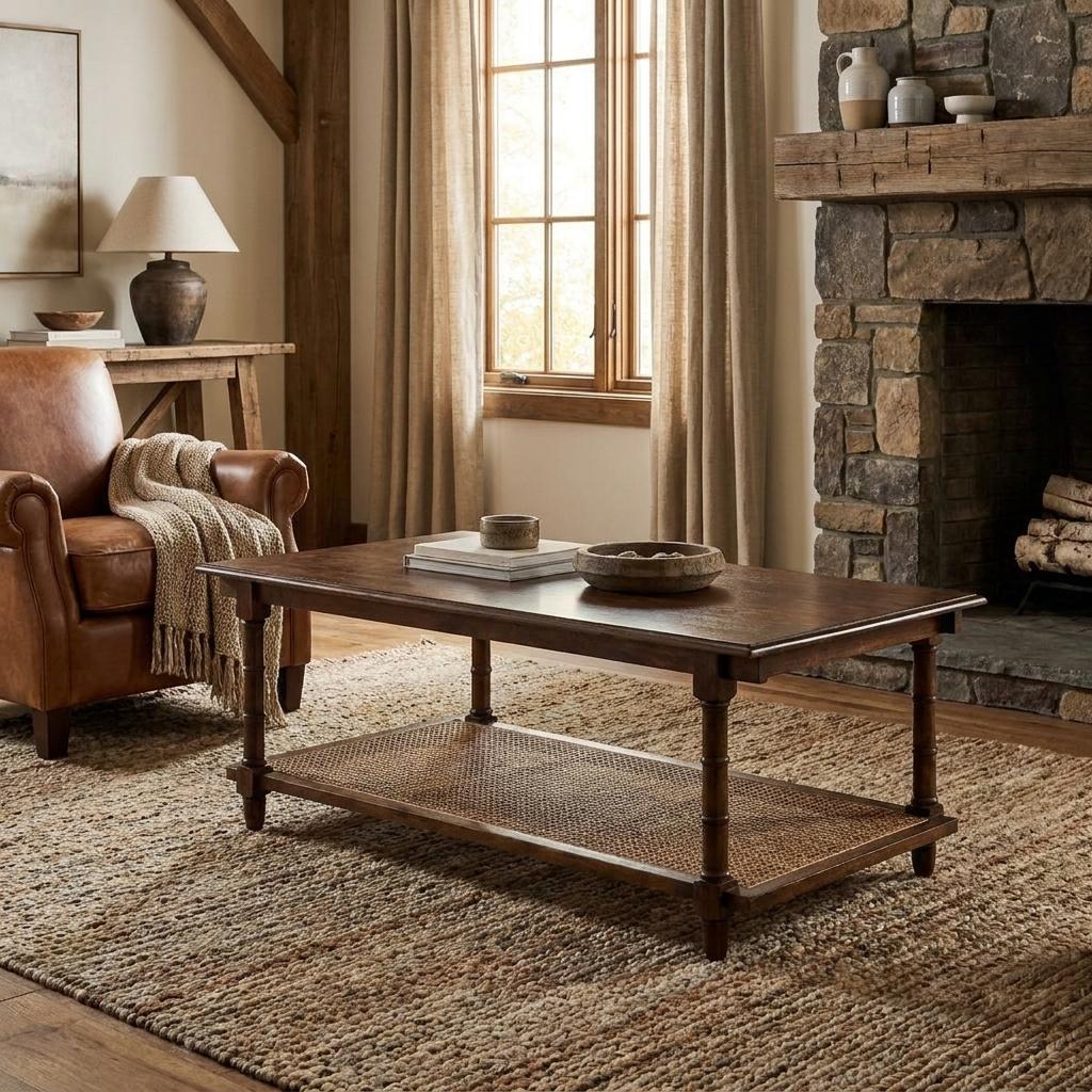 42 Inch Chestnut Solid Wood and Rattan Coffee Table