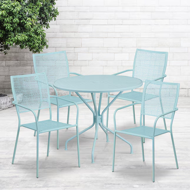 Commercial Grade 35.25 Round Sky Blue Indoor-Outdoor Steel Patio Table Set with 4 Square Back Chairs